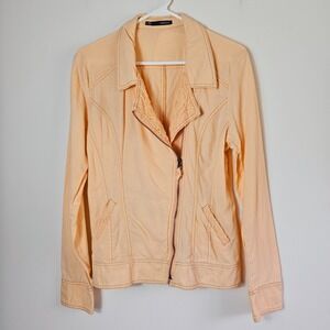 Maurices Women Peach Linen Blend Lace Trim Asymmetrical Moto Jacket Large Boho